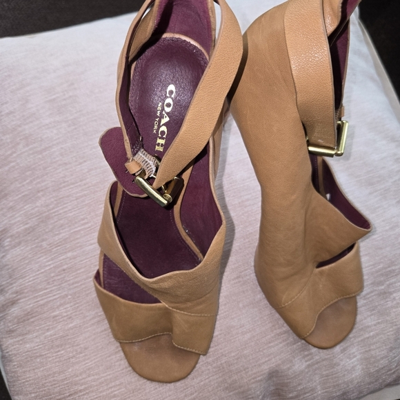 Coach Tan Wedge Sandals with Cross-Over Straps - Picture 2 of 4